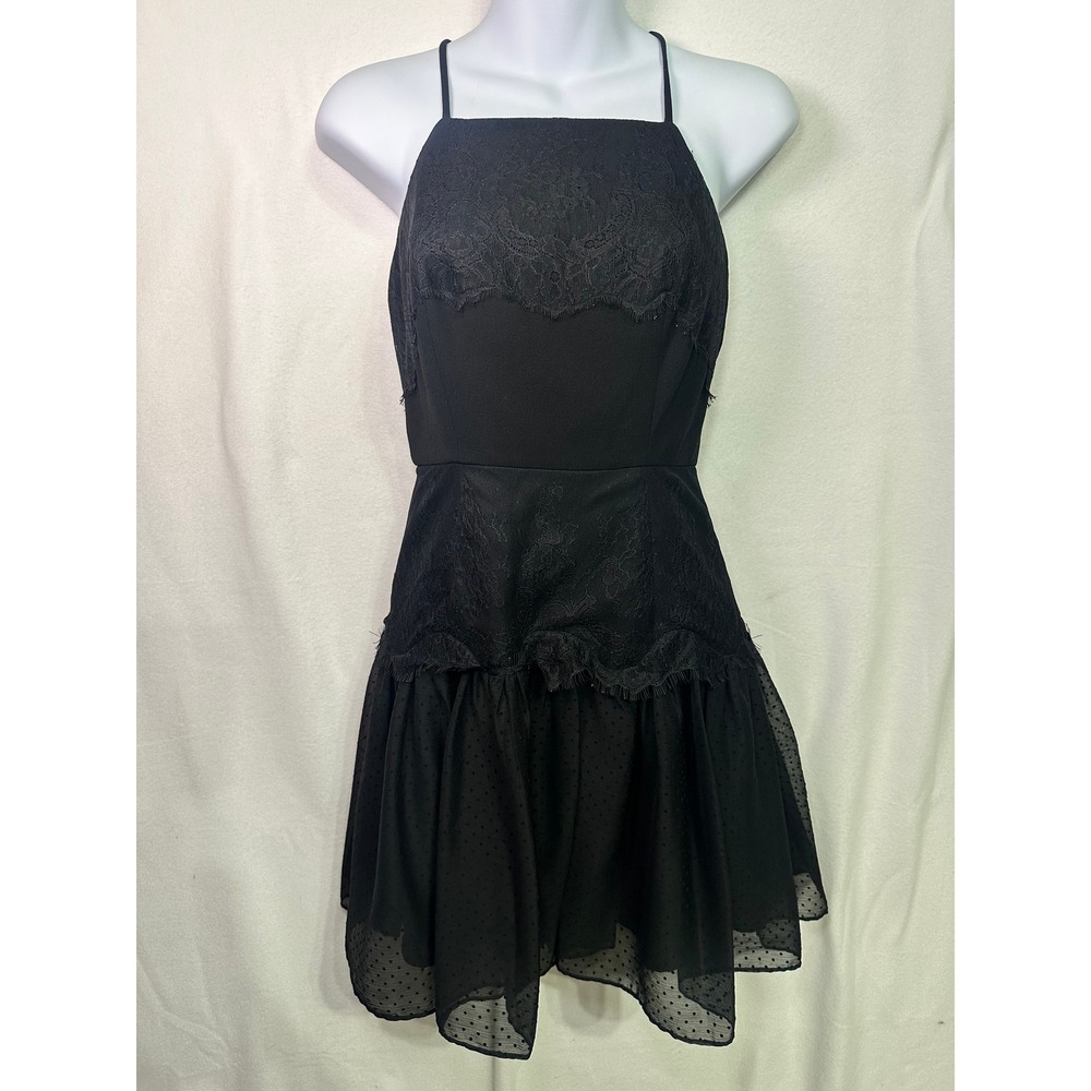 BCBGeneration Black Lace Swiss‎ Dot Mini Dress Size 2 Fit Flare Cocktail LBD